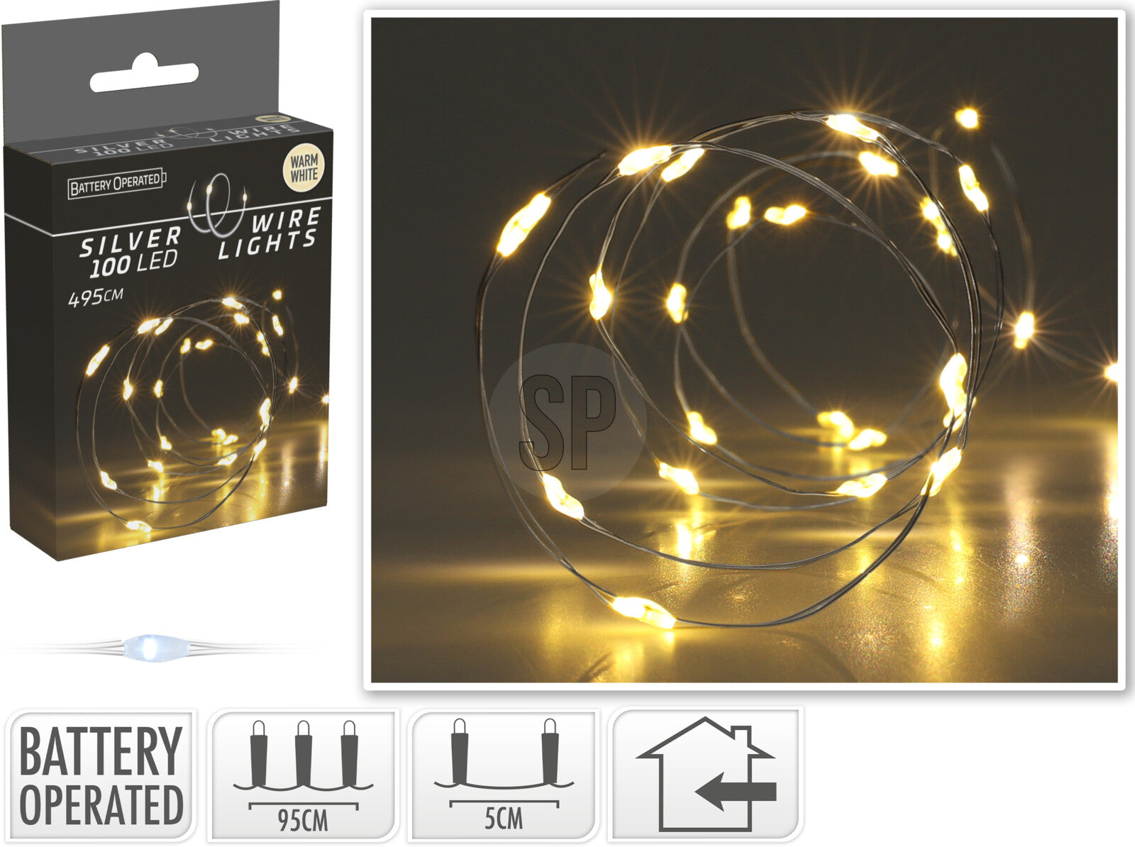 Ljósketa silvurleidning 100LED heithvít t/battarí